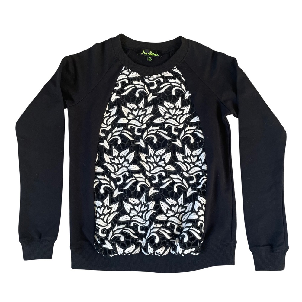 Sam Edelman Sweater XS with Embroidered Lace Mesh Design Black White Sweatshirt‎